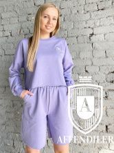 Женский спортивный костюм кроп топ+шорты, 100% хлопок (футер), брендовый логотип, размер M (44) , цвет лиловый