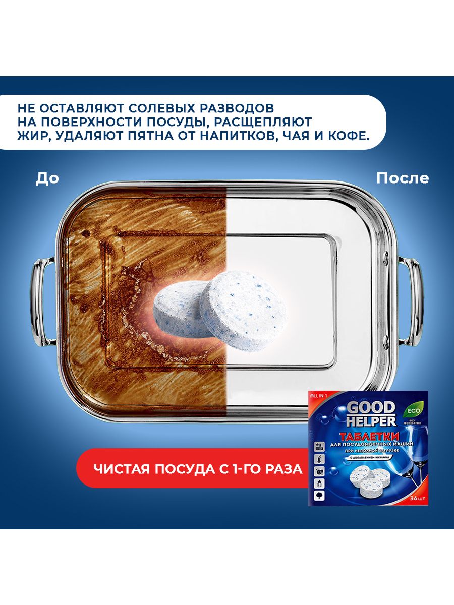 Таблетки GOODHELPER для ПММ, безфосфатные, для неполной загрузки, с добавлением инулина, 36 шт в коробке