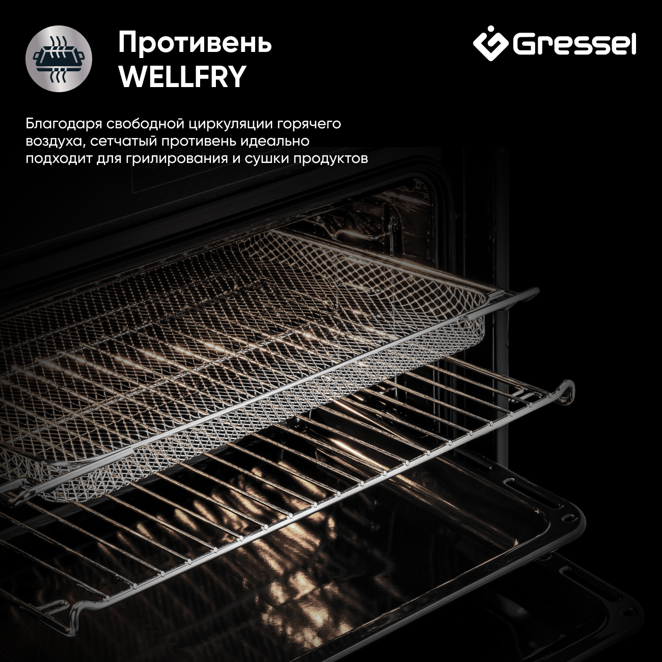 Встраиваемый духовой шкаф Gressel U6ES69000 60 см, 70 л, 10 режимов, двойной ГРИЛЬ, разморозка, конвекция, утапливаемые ручки, таймер + противень WELLFRY
