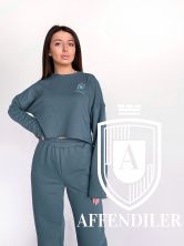 Женский спортивный костюм кроп топ+брюки, 100% хлопок (футер), брендовый логотип, размер S (42) , цвет хаки