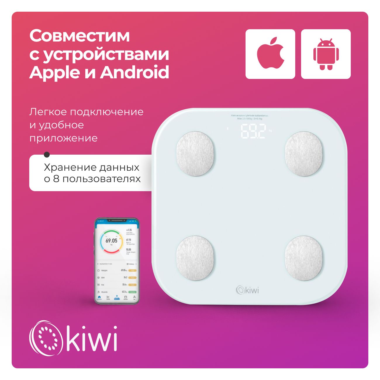 Умные напольные весы электронные с Bluetooth подключением к телефону KIWI KBS-1084