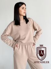 Женский спортивный костюм кроп топ+брюки, 100% хлопок (футер), брендовый логотип, размер L (46) , цвет бежевый