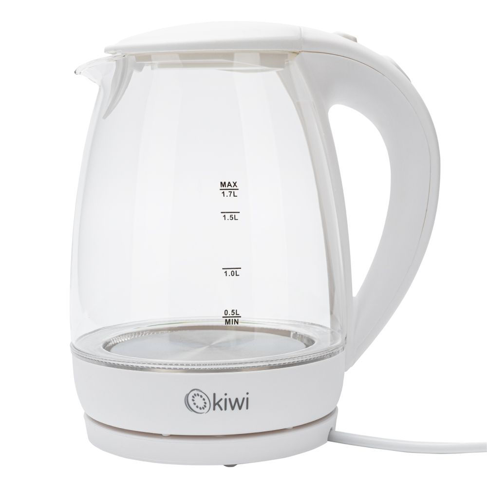 Чайник прозрачный электрический KIWI KK-3328W, белый, стеклянный с синей подсветкой, 1.7 литра 2200 Вт.