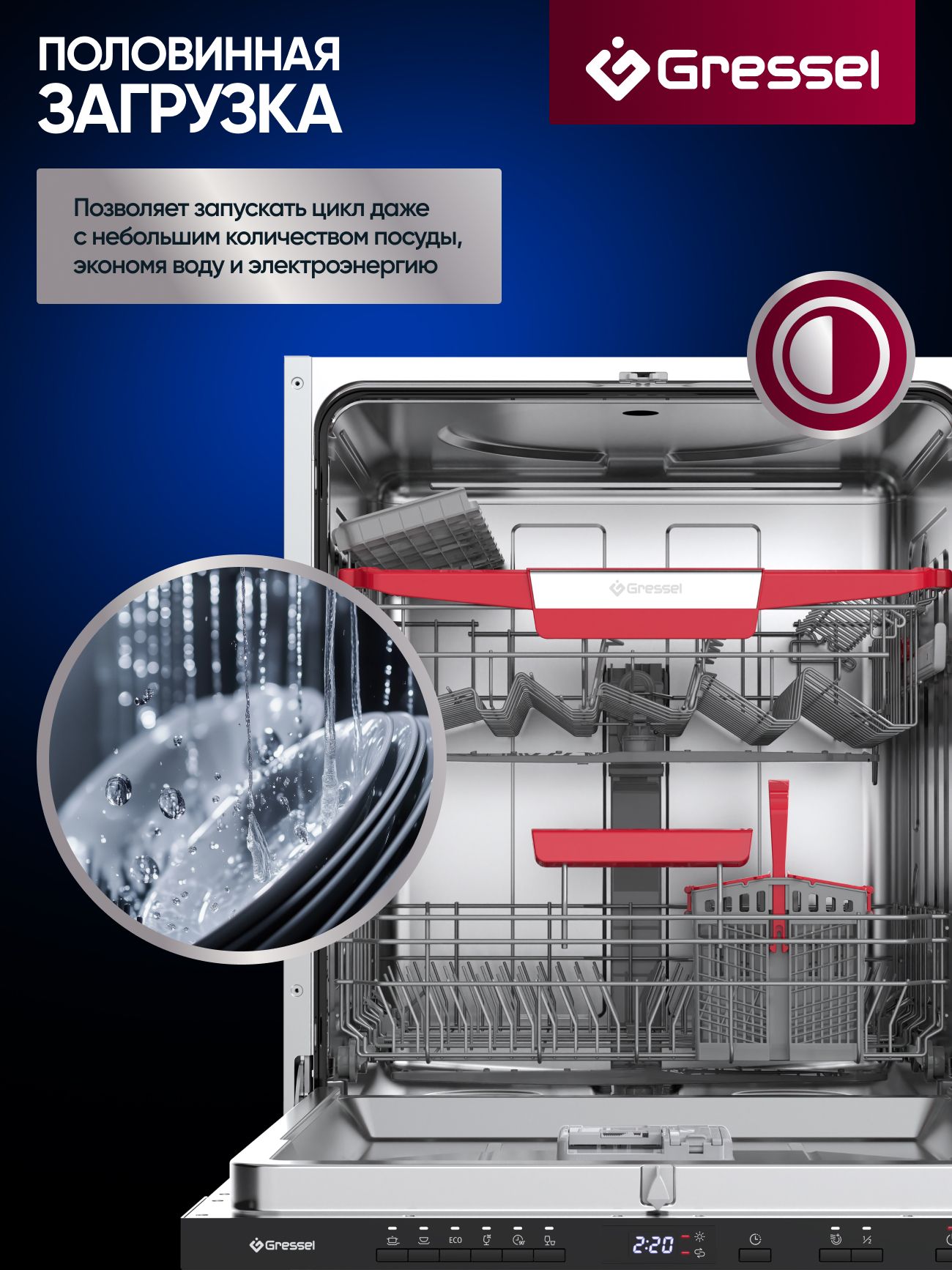 Встраиваемая посудомоечная машина Gressel UBB615 60 см, 2 корзины, 6 программ, 14 комплектов, луч на полу, половинная загрузка