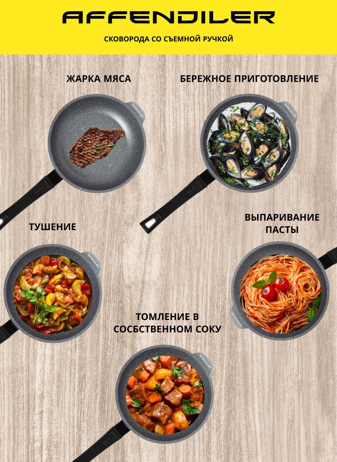 Антипригарная сковорода Smart Kyanite 22 см, технология 6G со съемной ручкой и крышкой, цвет мокрый асфальт