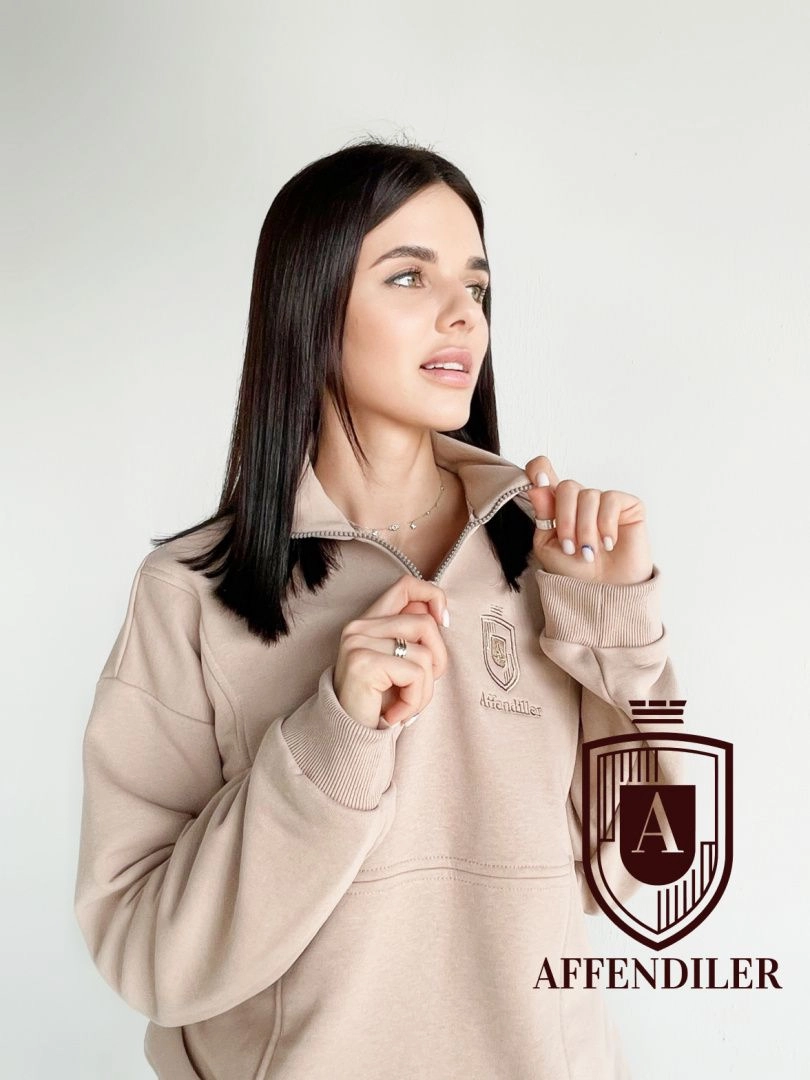 Женский спортивный костюм свитшот+брюки, 100% хлопок (футер), брендовый логотип, размер M (44) , цвет бежевый