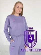 Женский спортивный костюм кроп топ+брюки, 100% хлопок (футер), брендовый логотип, размер M (44) , цвет лиловый